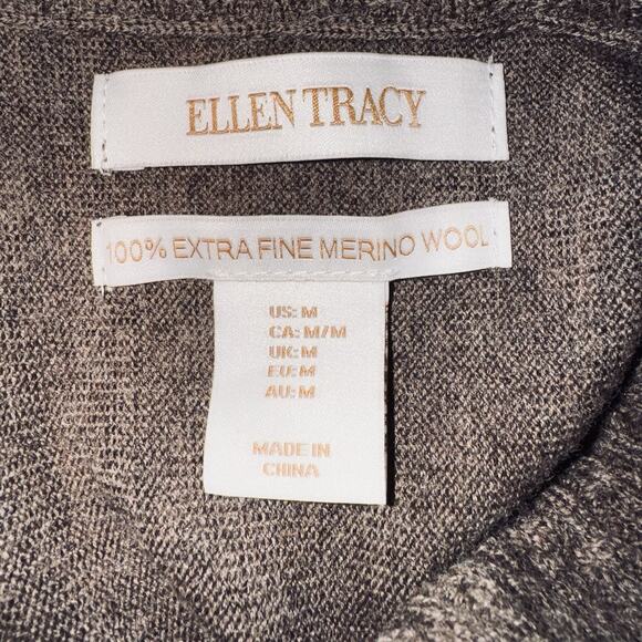 Ellen Tracy Medium Brown 100% Extra Fine Merino Wool Sweater Cable Cowl Cardigan - Picture 4 of 6